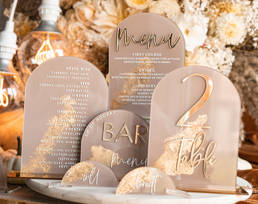 TABLE DECOR SIGNS Acrylic table decor Numbers Acrylic Arch Cappuccino Bar Menu, Clear Acrylic And Gold Bar Menu, Nude Taupe Gold Plexi Drink Bar Menu, Tan Luxury Wedding Drink Bar Table Decor, Earthy Wedding Signage Golden Mirror Bar Menu