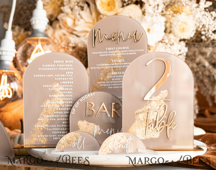 TABLE DECOR SIGNS Acrylic table decor Numbers Acrylic Arch Cappuccino Bar Menu, Clear Acrylic And Gold Bar Menu, Nude Taupe Gold Plexi Drink Bar Menu, Tan Luxury Wedding Drink Bar Table Decor, Earthy Wedding Signage Golden Mirror Bar Menu