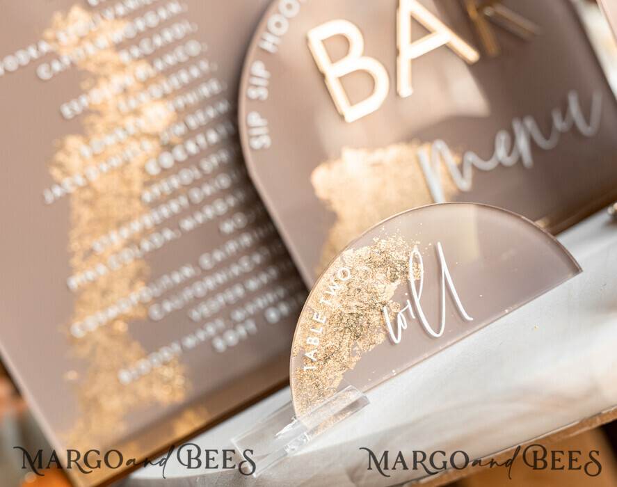 TABLE DECOR SIGNS Acrylic table decor Numbers Acrylic Arch Cappuccino Bar Menu, Clear Acrylic And Gold Bar Menu, Nude Taupe Gold Plexi Drink Bar Menu, Tan Luxury Wedding Drink Bar Table Decor, Earthy Wedding Signage Golden Mirror Bar Menu