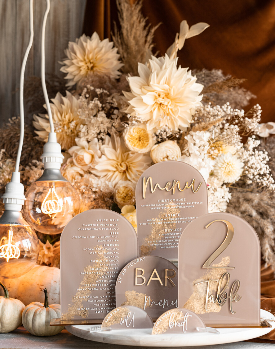 TABLE DECOR SIGNS Acrylic table decor Numbers Acrylic Arch Cappuccino Bar Menu, Clear Acrylic And Gold Bar Menu, Nude Taupe Gold Plexi Drink Bar Menu, Tan Luxury Wedding Drink Bar Table Decor, Earthy Wedding Signage Golden Mirror Bar Menu