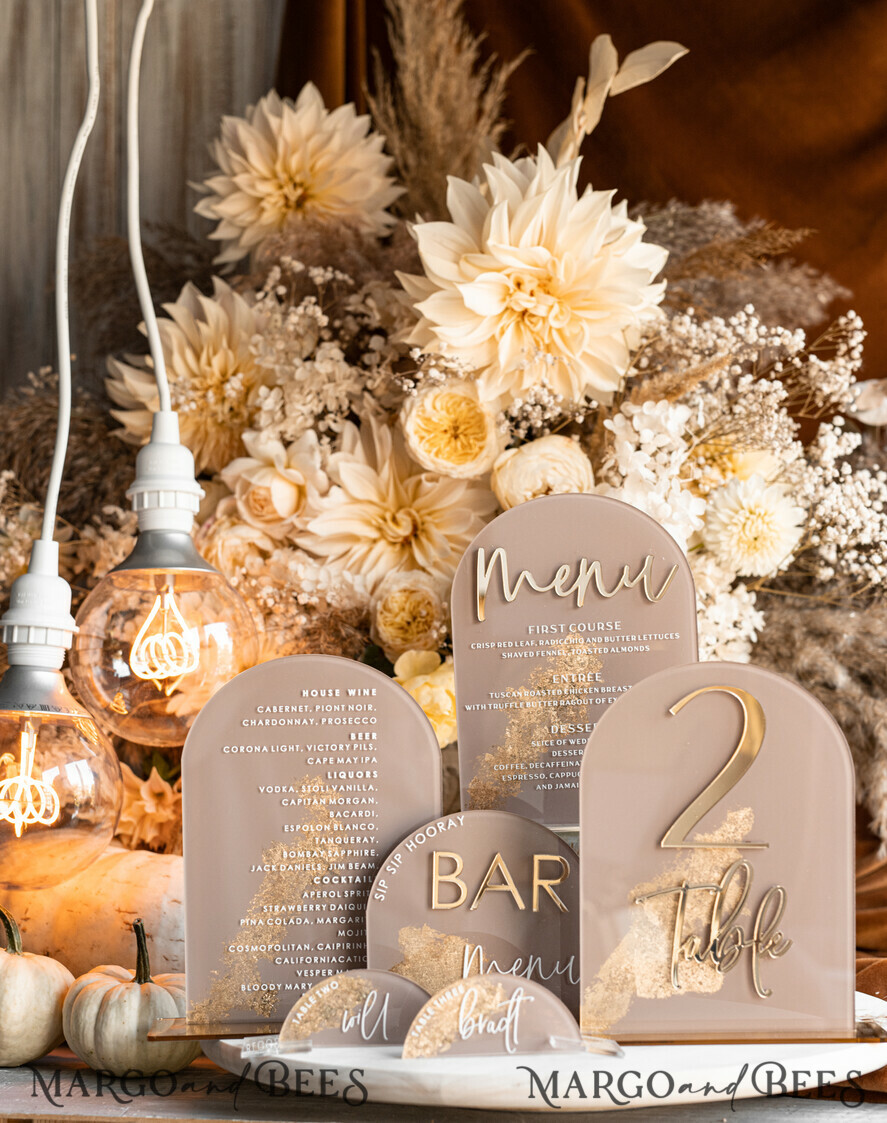 TABLE DECOR SIGNS Acrylic table decor Numbers Acrylic Arch Cappuccino Bar Menu, Clear Acrylic And Gold Bar Menu, Nude Taupe Gold Plexi Drink Bar Menu, Tan Luxury Wedding Drink Bar Table Decor, Earthy Wedding Signage Golden Mirror Bar Menu