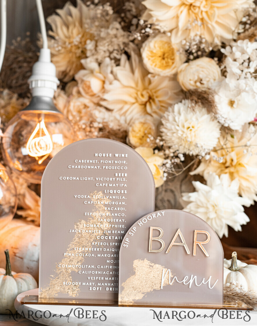 TABLE DECOR SIGNS Acrylic table decor Numbers Acrylic Arch Cappuccino Bar Menu, Clear Acrylic And Gold Bar Menu, Nude Taupe Gold Plexi Drink Bar Menu, Tan Luxury Wedding Drink Bar Table Decor, Earthy Wedding Signage Golden Mirror Bar Menu