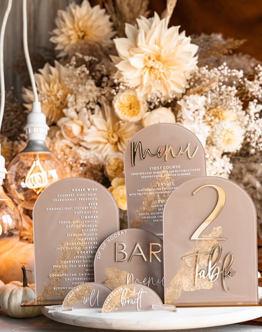 TABLE DECOR SIGNS Acrylic table decor Numbers Acrylic Arch Cappuccino Bar Menu, Clear Acrylic And Gold Bar Menu, Nude Taupe Gold Plexi Drink Bar Menu, Tan Luxury Wedding Drink Bar Table Decor, Earthy Wedding Signage Golden Mirror Bar Menu