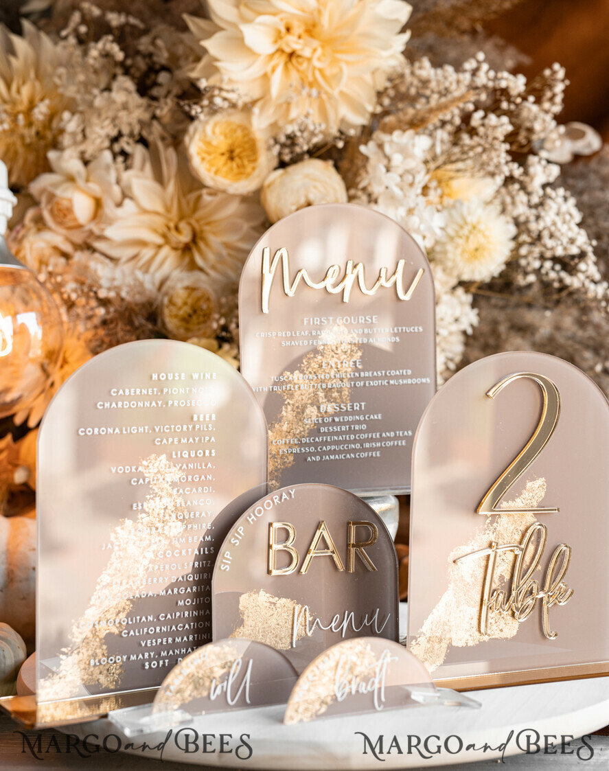 TABLE DECOR SIGNS Acrylic table decor Numbers Acrylic Arch Cappuccino Bar Menu, Clear Acrylic And Gold Bar Menu, Nude Taupe Gold Plexi Drink Bar Menu, Tan Luxury Wedding Drink Bar Table Decor, Earthy Wedding Signage Golden Mirror Bar Menu