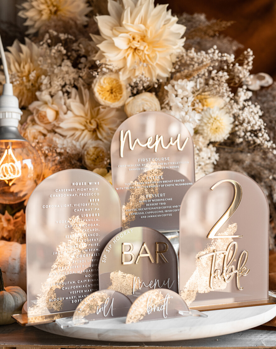 TABLE DECOR SIGNS Acrylic table decor Numbers Acrylic Arch Cappuccino Bar Menu, Clear Acrylic And Gold Bar Menu, Nude Taupe Gold Plexi Drink Bar Menu, Tan Luxury Wedding Drink Bar Table Decor, Earthy Wedding Signage Golden Mirror Bar Menu