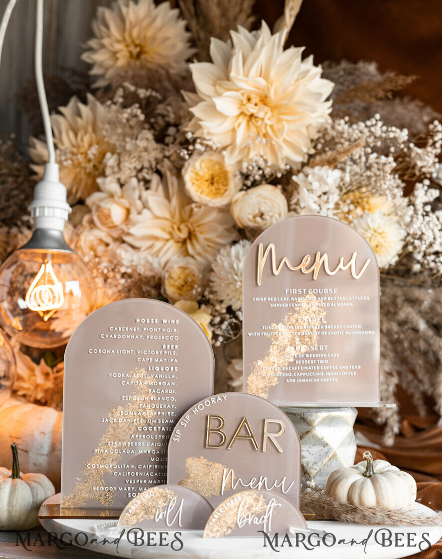 TABLE DECOR SIGNS Acrylic table decor Numbers Acrylic Arch Cappuccino Bar Menu, Clear Acrylic And Gold Bar Menu, Nude Taupe Gold Plexi Drink Bar Menu, Tan Luxury Wedding Drink Bar Table Decor, Earthy Wedding Signage Golden Mirror Bar Menu