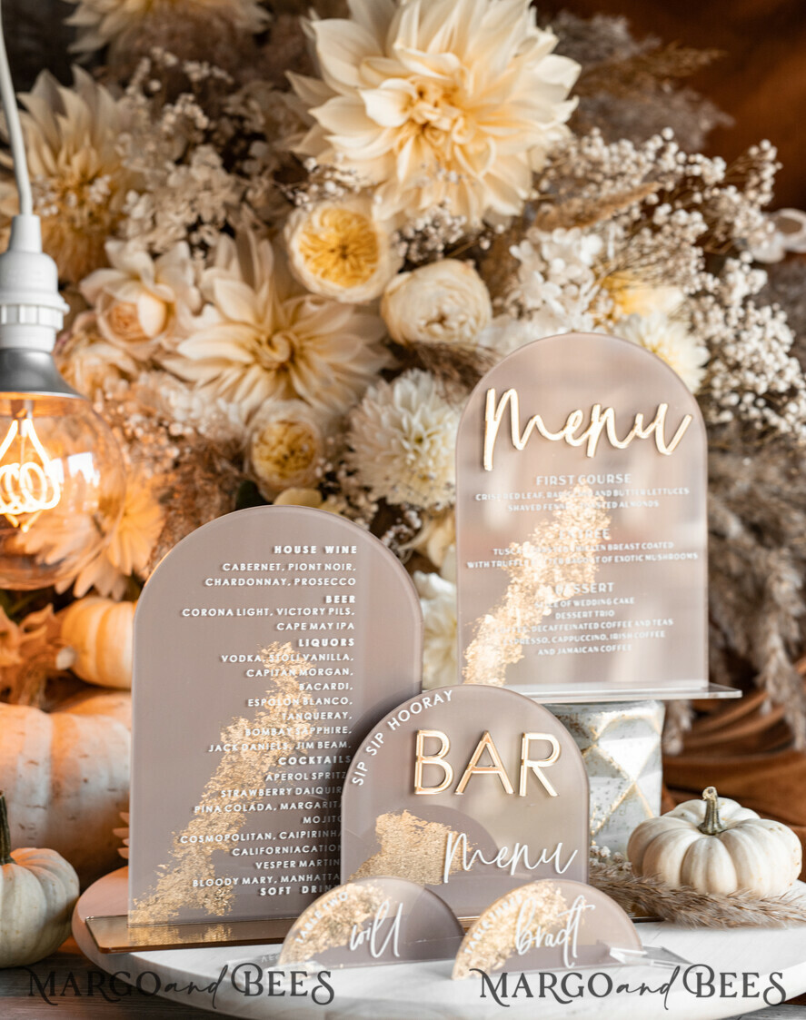 TABLE DECOR SIGNS Acrylic table decor Numbers Acrylic Arch Cappuccino Bar Menu, Clear Acrylic And Gold Bar Menu, Nude Taupe Gold Plexi Drink Bar Menu, Tan Luxury Wedding Drink Bar Table Decor, Earthy Wedding Signage Golden Mirror Bar Menu