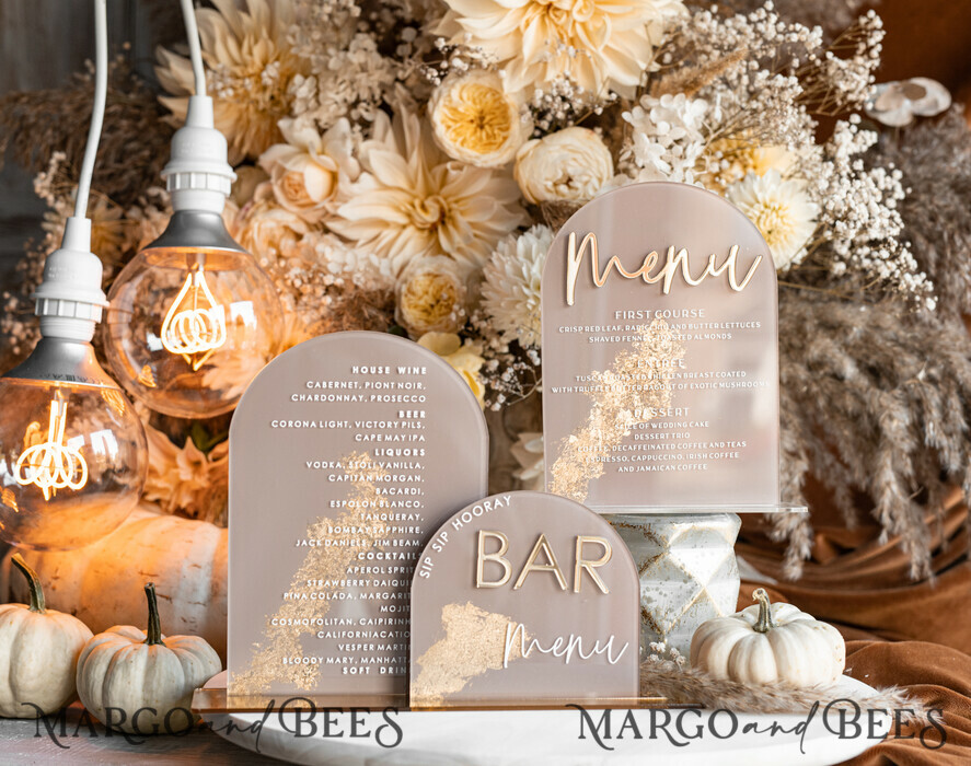TABLE DECOR SIGNS Acrylic table decor Numbers Acrylic Arch Cappuccino Bar Menu, Clear Acrylic And Gold Bar Menu, Nude Taupe Gold Plexi Drink Bar Menu, Tan Luxury Wedding Drink Bar Table Decor, Earthy Wedding Signage Golden Mirror Bar Menu