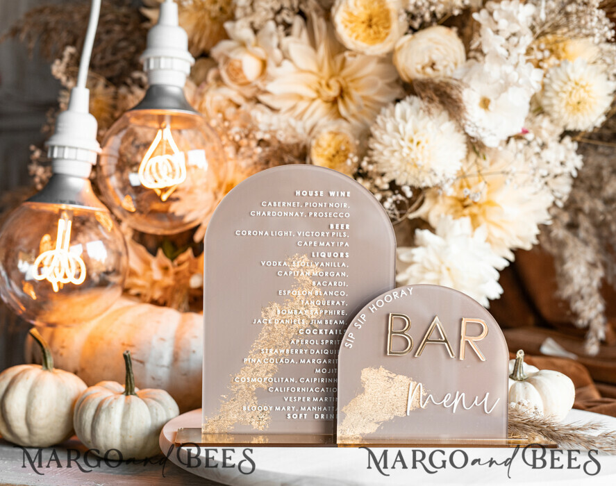 TABLE DECOR SIGNS Acrylic table decor Numbers Acrylic Arch Cappuccino Bar Menu, Clear Acrylic And Gold Bar Menu, Nude Taupe Gold Plexi Drink Bar Menu, Tan Luxury Wedding Drink Bar Table Decor, Earthy Wedding Signage Golden Mirror Bar Menu