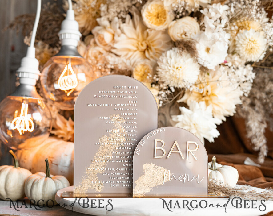 TABLE DECOR SIGNS Acrylic table decor Numbers Acrylic Arch Cappuccino Bar Menu, Clear Acrylic And Gold Bar Menu, Nude Taupe Gold Plexi Drink Bar Menu, Tan Luxury Wedding Drink Bar Table Decor, Earthy Wedding Signage Golden Mirror Bar Menu