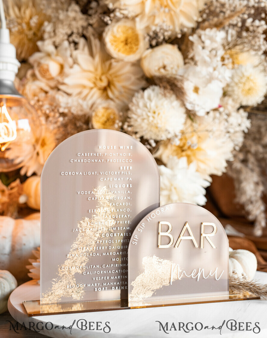 TABLE DECOR SIGNS Acrylic table decor Numbers Acrylic Arch Cappuccino Bar Menu, Clear Acrylic And Gold Bar Menu, Nude Taupe Gold Plexi Drink Bar Menu, Tan Luxury Wedding Drink Bar Table Decor, Earthy Wedding Signage Golden Mirror Bar Menu