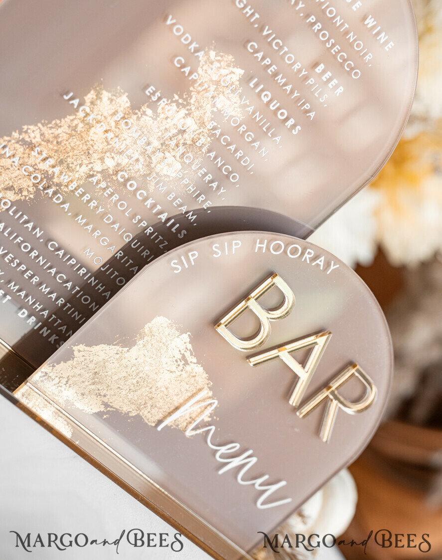 TABLE DECOR SIGNS Acrylic table decor Numbers Acrylic Arch Cappuccino Bar Menu, Clear Acrylic And Gold Bar Menu, Nude Taupe Gold Plexi Drink Bar Menu, Tan Luxury Wedding Drink Bar Table Decor, Earthy Wedding Signage Golden Mirror Bar Menu