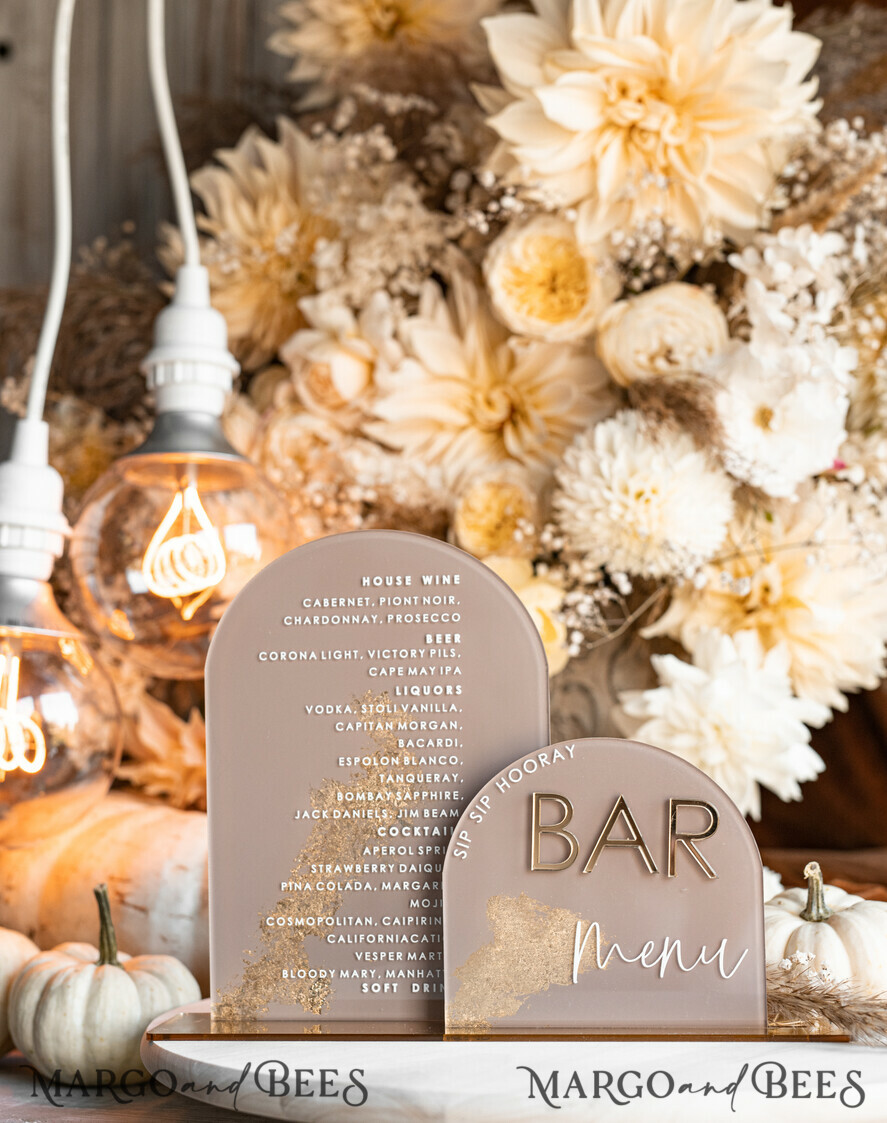 TABLE DECOR SIGNS Acrylic table decor Numbers Acrylic Arch Cappuccino Bar Menu, Clear Acrylic And Gold Bar Menu, Nude Taupe Gold Plexi Drink Bar Menu, Tan Luxury Wedding Drink Bar Table Decor, Earthy Wedding Signage Golden Mirror Bar Menu