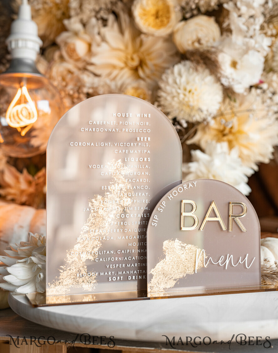 TABLE DECOR SIGNS Acrylic table decor Numbers Acrylic Arch Cappuccino Bar Menu, Clear Acrylic And Gold Bar Menu, Nude Taupe Gold Plexi Drink Bar Menu, Tan Luxury Wedding Drink Bar Table Decor, Earthy Wedding Signage Golden Mirror Bar Menu