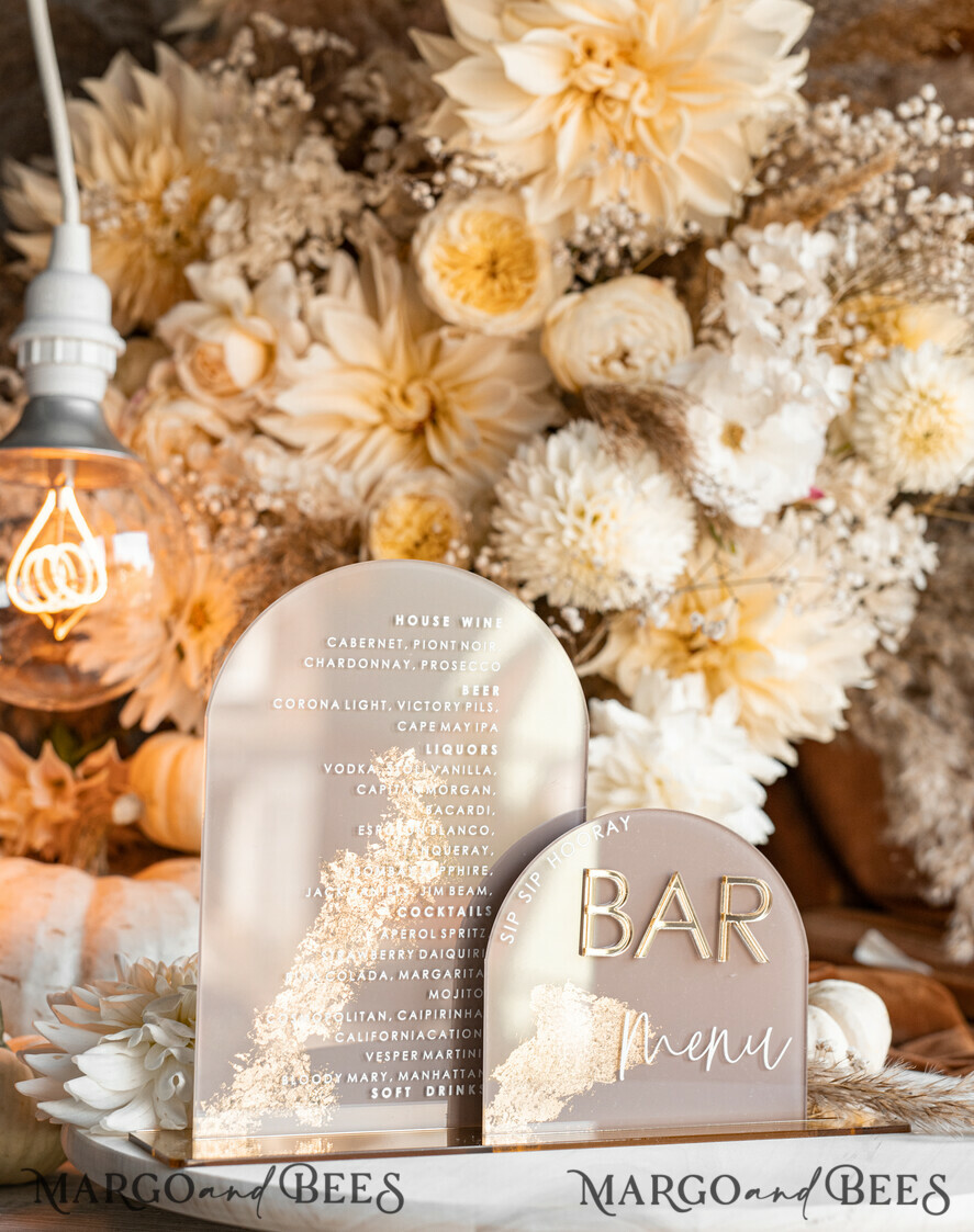 TABLE DECOR SIGNS Acrylic table decor Numbers Acrylic Arch Cappuccino Bar Menu, Clear Acrylic And Gold Bar Menu, Nude Taupe Gold Plexi Drink Bar Menu, Tan Luxury Wedding Drink Bar Table Decor, Earthy Wedding Signage Golden Mirror Bar Menu