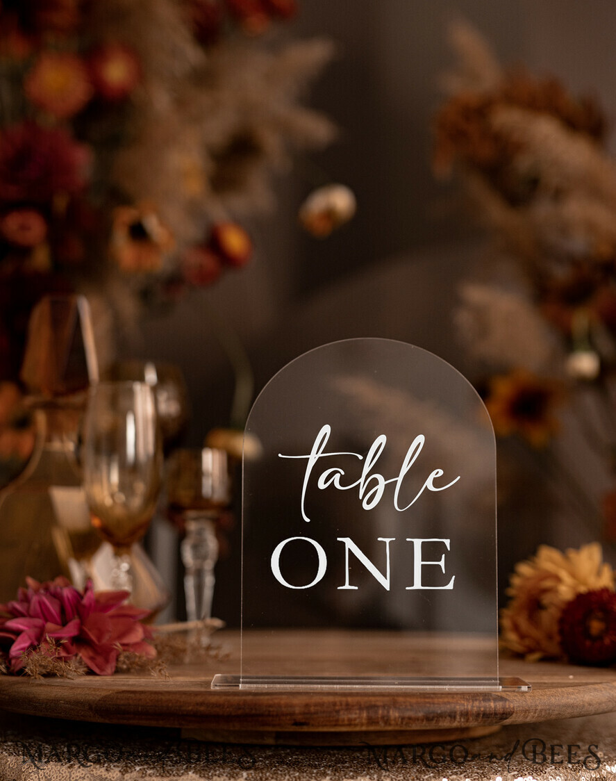 TABLE DECOR SIGNS Acrylic table decor Numbers Transparent Acrylic Arch Table Numbers, Simple Clear Acrylic Sign, Plexi Table Numbers With Stand, Luxury Wedding Table Decor, Wedding Signage Table Numbers