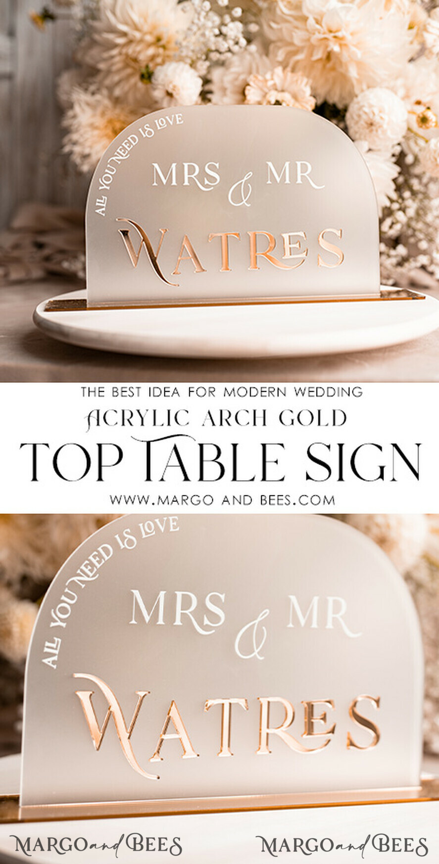 TABLE DECOR SIGNS Acrylic table decor Numbers Acrylic Arch frozen Top Table sign, White and Golden Top Table Signs, Gold 3D Top Table sign, Elegant Luxury Wedding Mr & Mrs  Table Decor, Glam Wedding Signage
