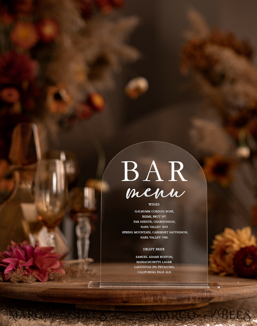 TABLE DECOR SIGNS Acrylic table decor Numbers Acrylic Arch Bar Menu, Clear Acrylic Sign, Transparent Acrylic Wedding Stand, Luxury Wedding Table Decor, Modern Wedding Signage Acryl Sign, White Editable Text