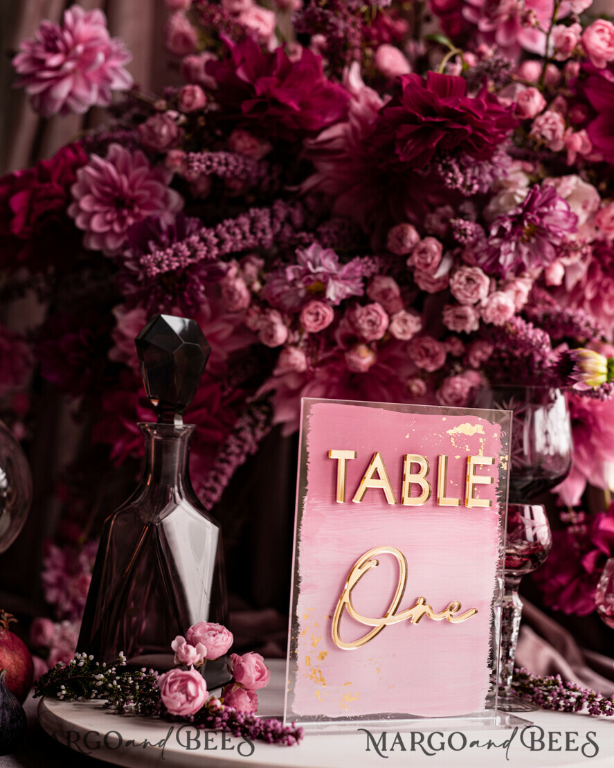 TABLE DECOR SIGNS Acrylic table decor Numbers Pale Pink Ombre Mauve Acrylic Table Numbers, Dusty Rose Acrylic & gold Sign, Golden Plum Plexi Table Numbers, Luxury Purple Wedding Table Decor, Wedding Signage