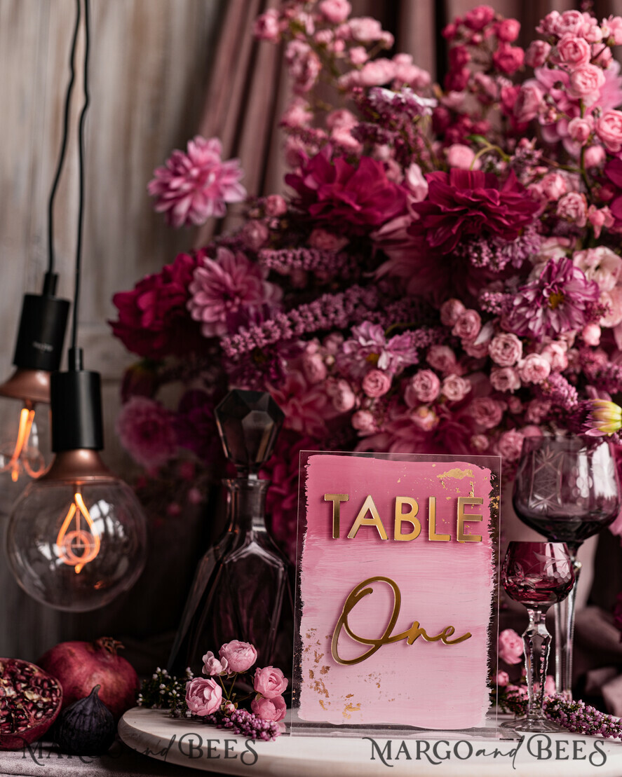 TABLE DECOR SIGNS Acrylic table decor Numbers Pale Pink Ombre Mauve Acrylic Table Numbers, Dusty Rose Acrylic & gold Sign, Golden Plum Plexi Table Numbers, Luxury Purple Wedding Table Decor, Wedding Signage