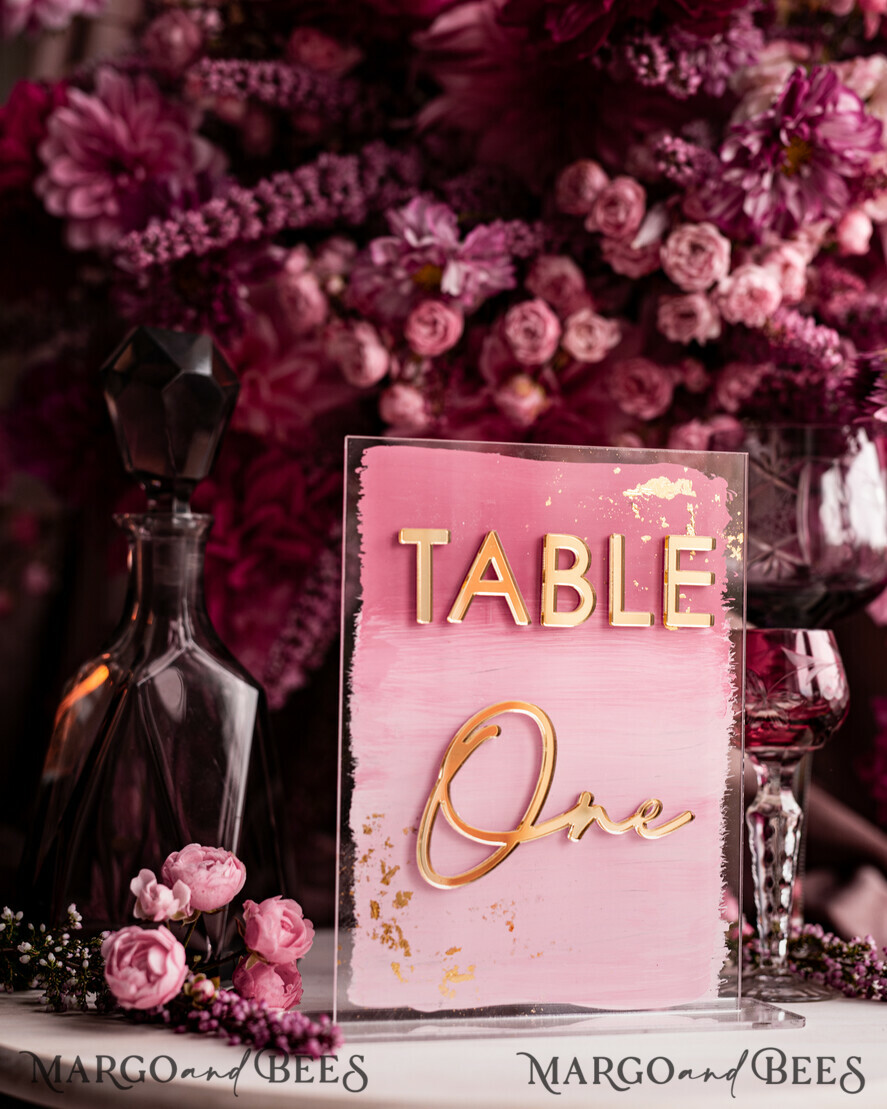 TABLE DECOR SIGNS Acrylic table decor Numbers Pale Pink Ombre Mauve Acrylic Table Numbers, Dusty Rose Acrylic & gold Sign, Golden Plum Plexi Table Numbers, Luxury Purple Wedding Table Decor, Wedding Signage
