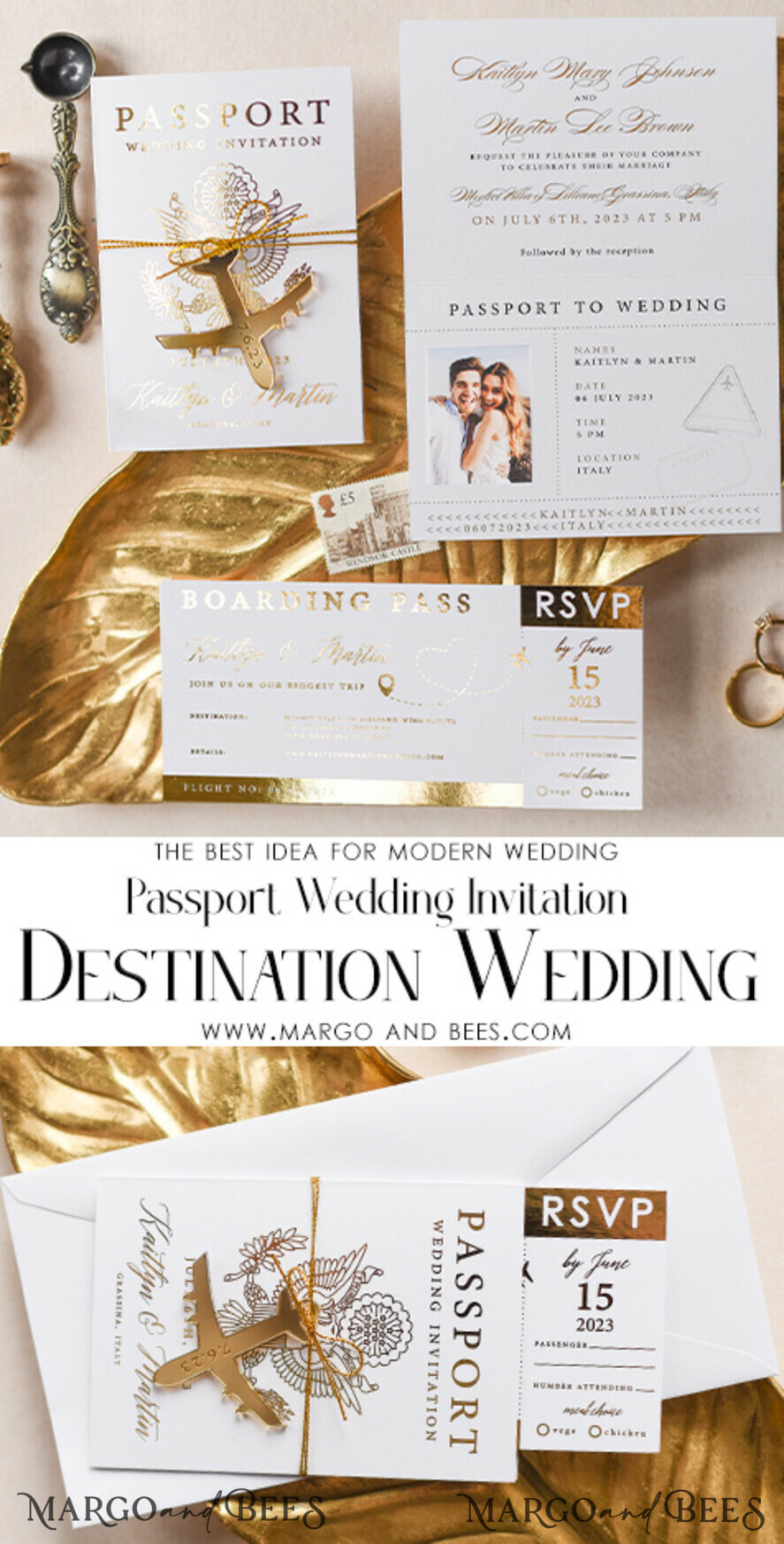 SAMPLING SERVICE samples Destination wedding Invitation Sample, Gold Passport sample set, boarding card wedding invitation, travel gold invites sample set