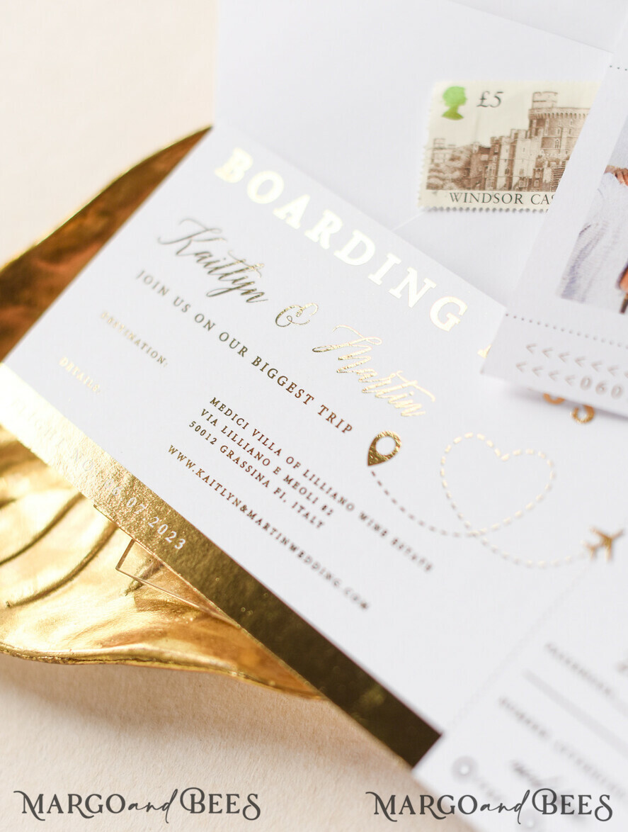 SAMPLING SERVICE samples Destination wedding Invitation Sample, Gold Passport sample set, boarding card wedding invitation, travel gold invites sample set