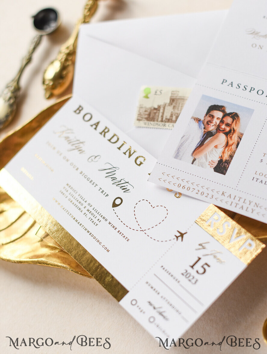 SAMPLING SERVICE samples Destination wedding Invitation Sample, Gold Passport sample set, boarding card wedding invitation, travel gold invites sample set