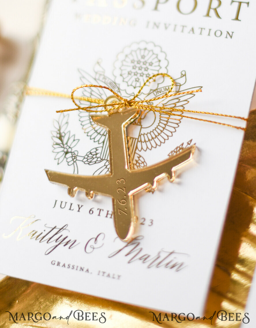 SAMPLING SERVICE samples Destination wedding Invitation Sample, Gold Passport sample set, boarding card wedding invitation, travel gold invites sample set