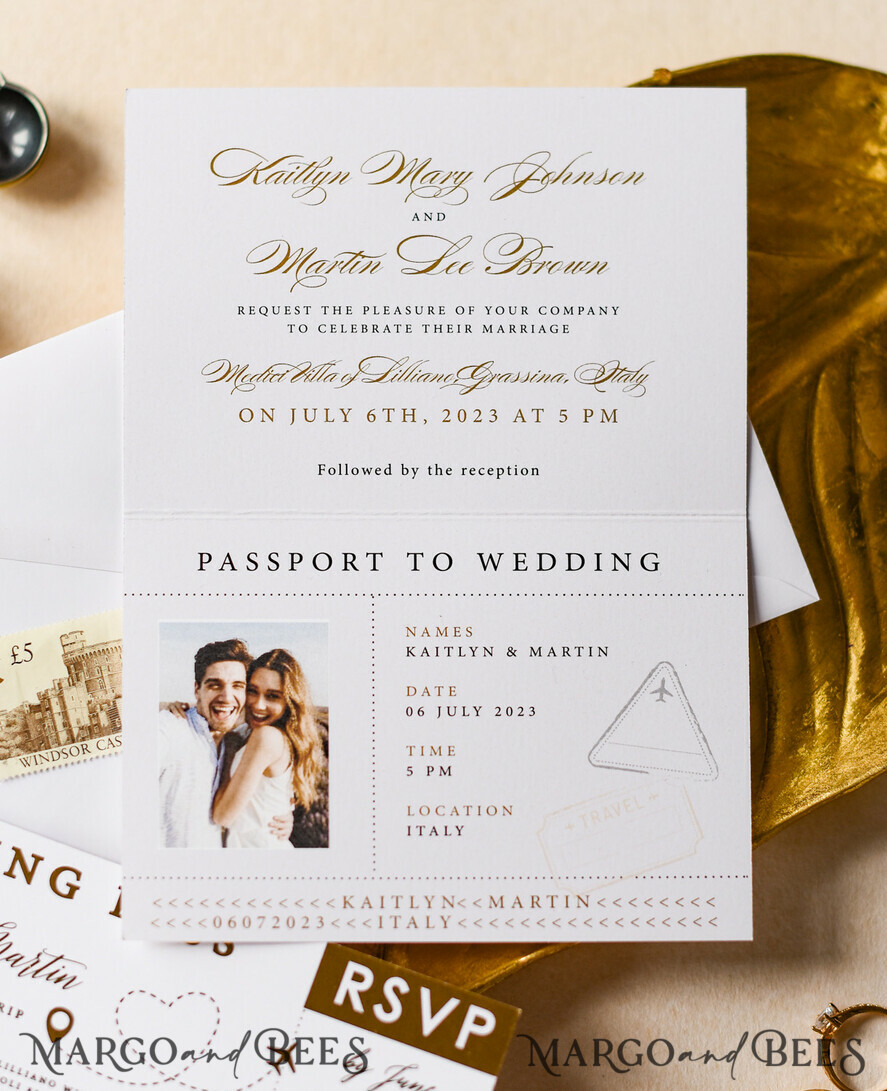 SAMPLING SERVICE samples Destination wedding Invitation Sample, Gold Passport sample set, boarding card wedding invitation, travel gold invites sample set