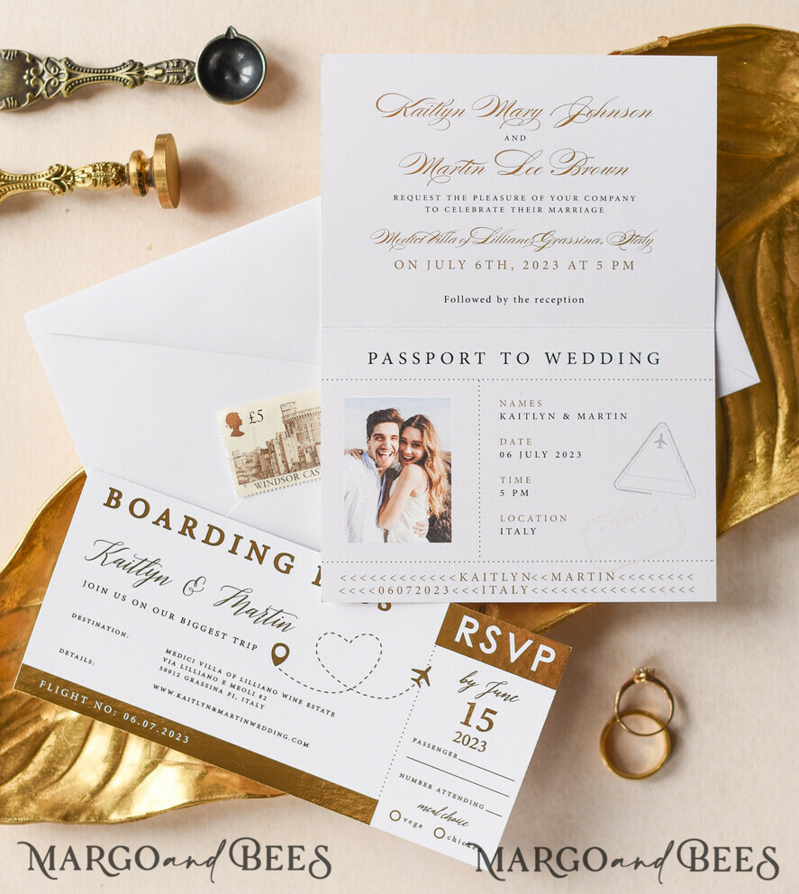 SAMPLING SERVICE samples Destination wedding Invitation Sample, Gold Passport sample set, boarding card wedding invitation, travel gold invites sample set