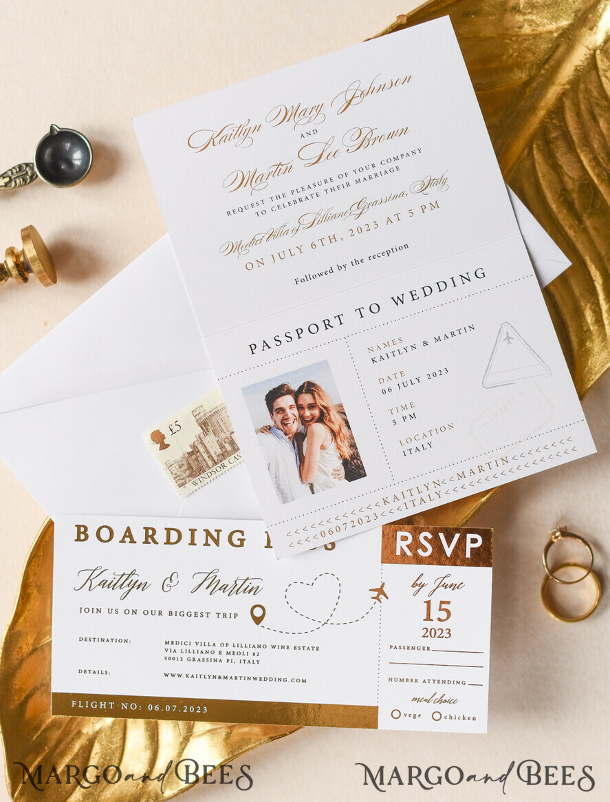 SAMPLING SERVICE samples Destination wedding Invitation Sample, Gold Passport sample set, boarding card wedding invitation, travel gold invites sample set