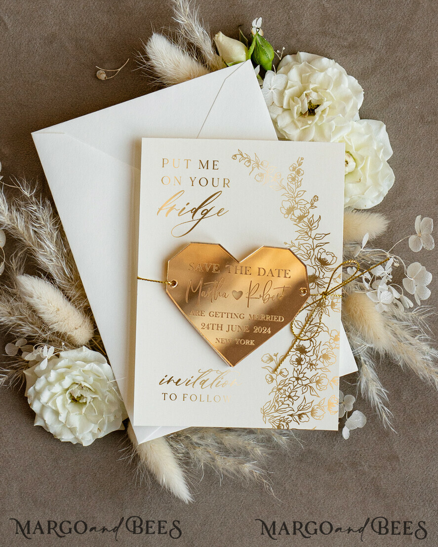 SAVE THE DATES acrylic gold magnets Personalised Gold Acrylic heart Save the Date Magnet and Card, ivory Wedding Save The Dates Plexi Magnets, Wedding Boho Save The Date Cards