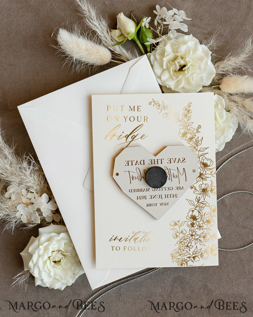 SAVE THE DATES acrylic gold magnets Personalised Gold Acrylic heart Save the Date Magnet and Card, ivory Wedding Save The Dates Plexi Magnets, Wedding Boho Save The Date Cards