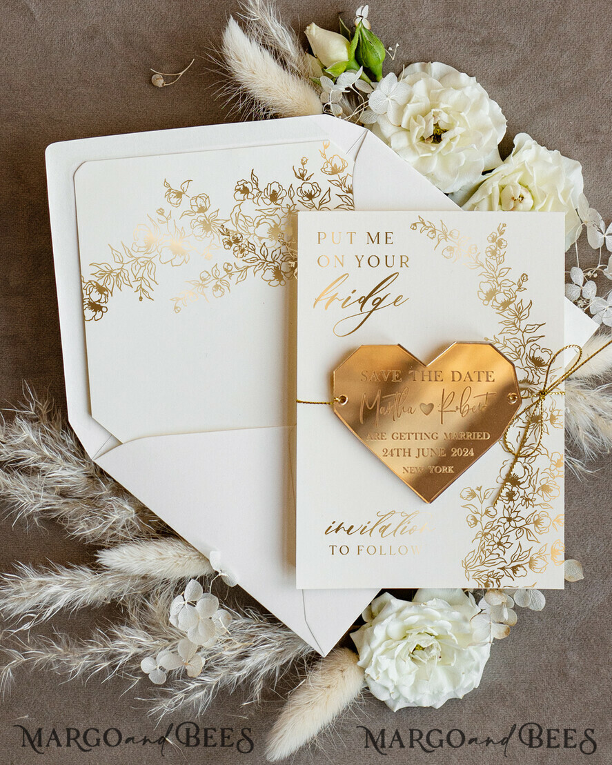 SAVE THE DATES acrylic gold magnets Personalised Gold Acrylic heart Save the Date Magnet and Card, ivory Wedding Save The Dates Plexi Magnets, Wedding Boho Save The Date Cards