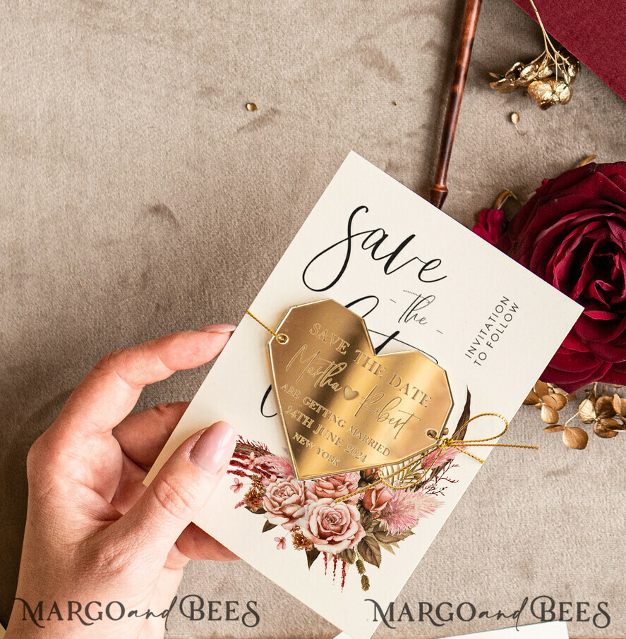 SAVE THE DATES acrylic gold magnets Personalised Save the Date Heart Magnet and Card, Burgundy Elegant Wedding Save The Dates Acrylic Gold Heart