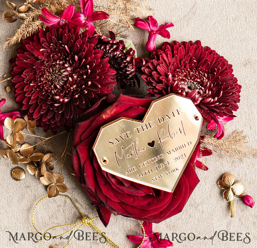 SAVE THE DATES acrylic gold magnets Personalised Save the Date Heart Magnet and Card, Burgundy Elegant Wedding Save The Dates Acrylic Gold Heart