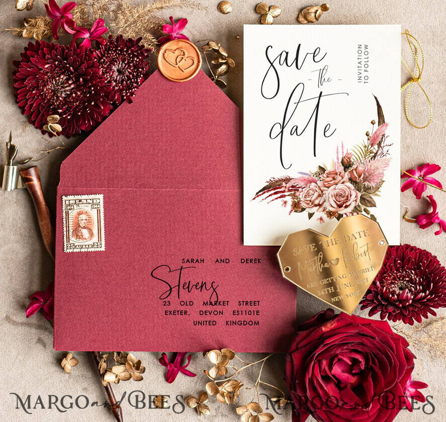 SAVE THE DATES acrylic gold magnets Personalised Save the Date Heart Magnet and Card, Burgundy Elegant Wedding Save The Dates Acrylic Gold Heart