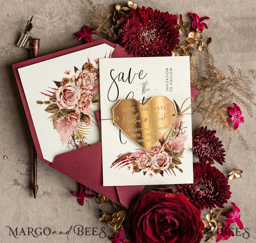 SAVE THE DATES acrylic gold magnets Personalised Save the Date Heart Magnet and Card, Burgundy Elegant Wedding Save The Dates Acrylic Gold Heart