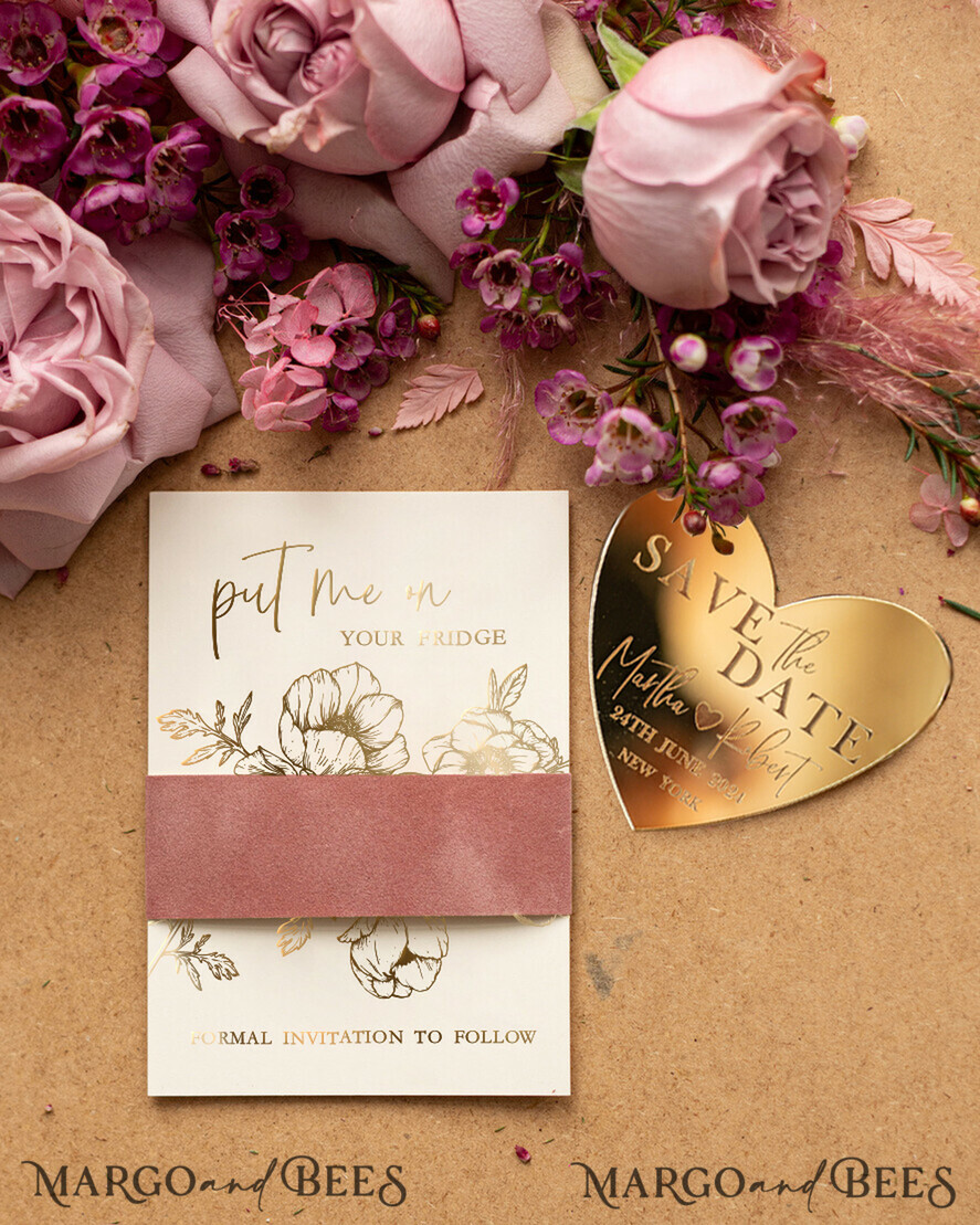DATEN MERKEN Acrylgoldmagnete Personalisierter Save the Date Magnet und Karte, Goldene Elegante Hochzeit Save The Date Karten, Samt Save The Date Karten
