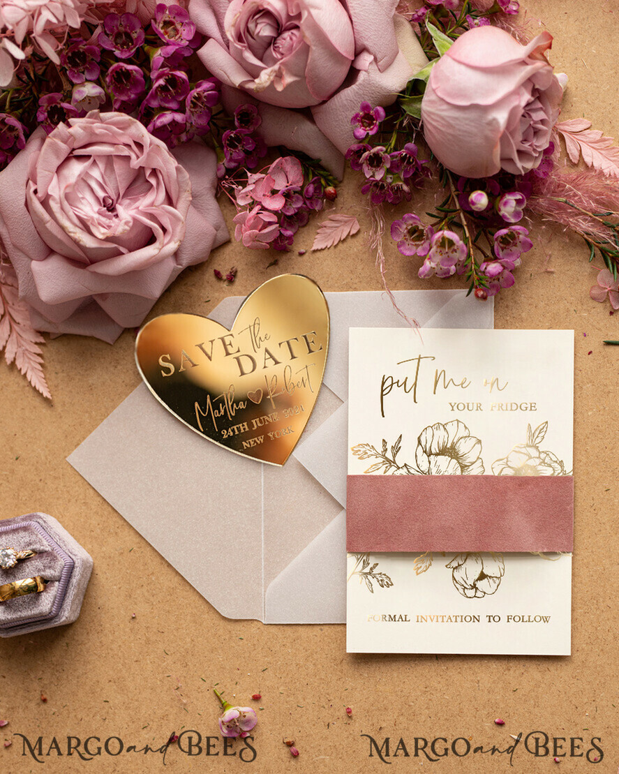 DATEN MERKEN Acrylgoldmagnete Personalisierter Save the Date Magnet und Karte, Goldene Elegante Hochzeit Save The Date Karten, Samt Save The Date Karten