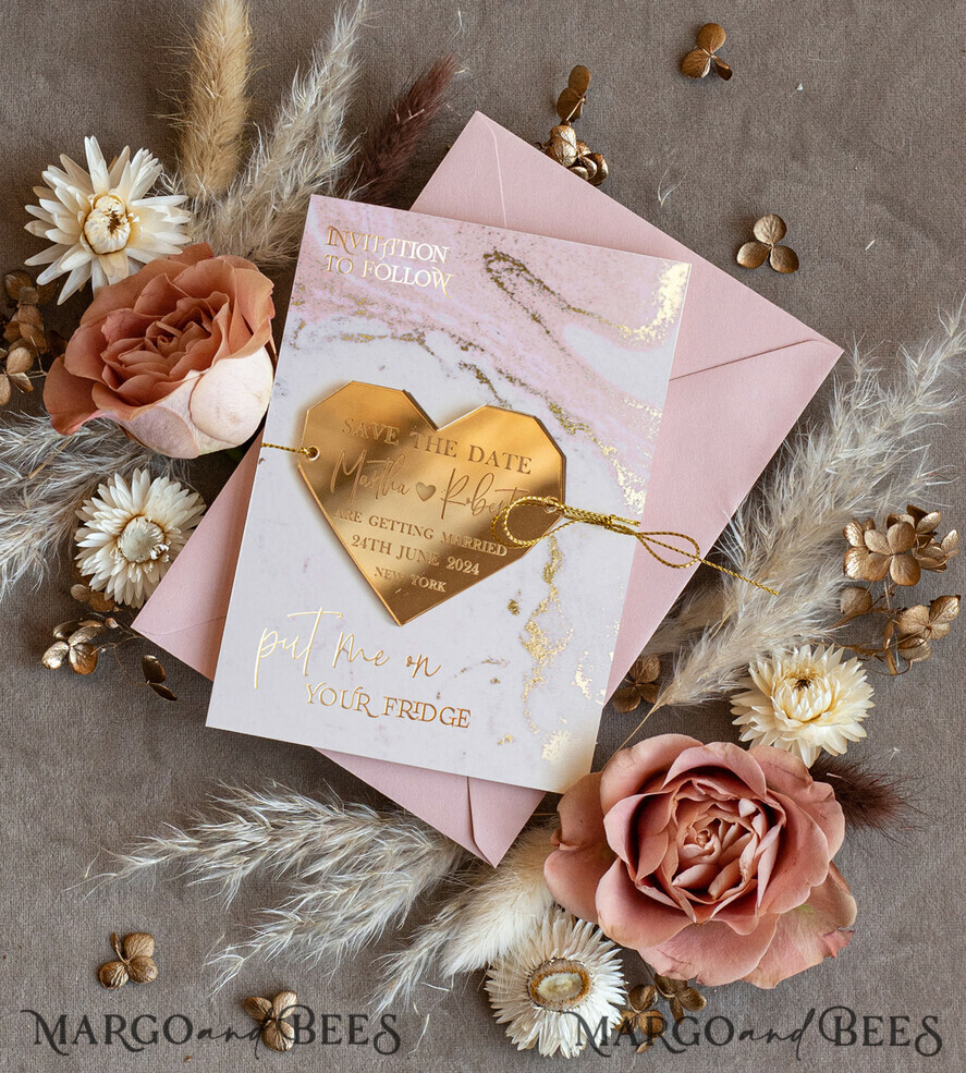 DATEN MERKEN Acrylgoldmagnete Personalisierte Blush Pink Save the Date Acryl Geometrisches Herz Magnet und Karte, Gold Blush Pink Herz Hochzeit Save The Dates Acrylmagnete, Save The Date Karten mit Herzmagnet.