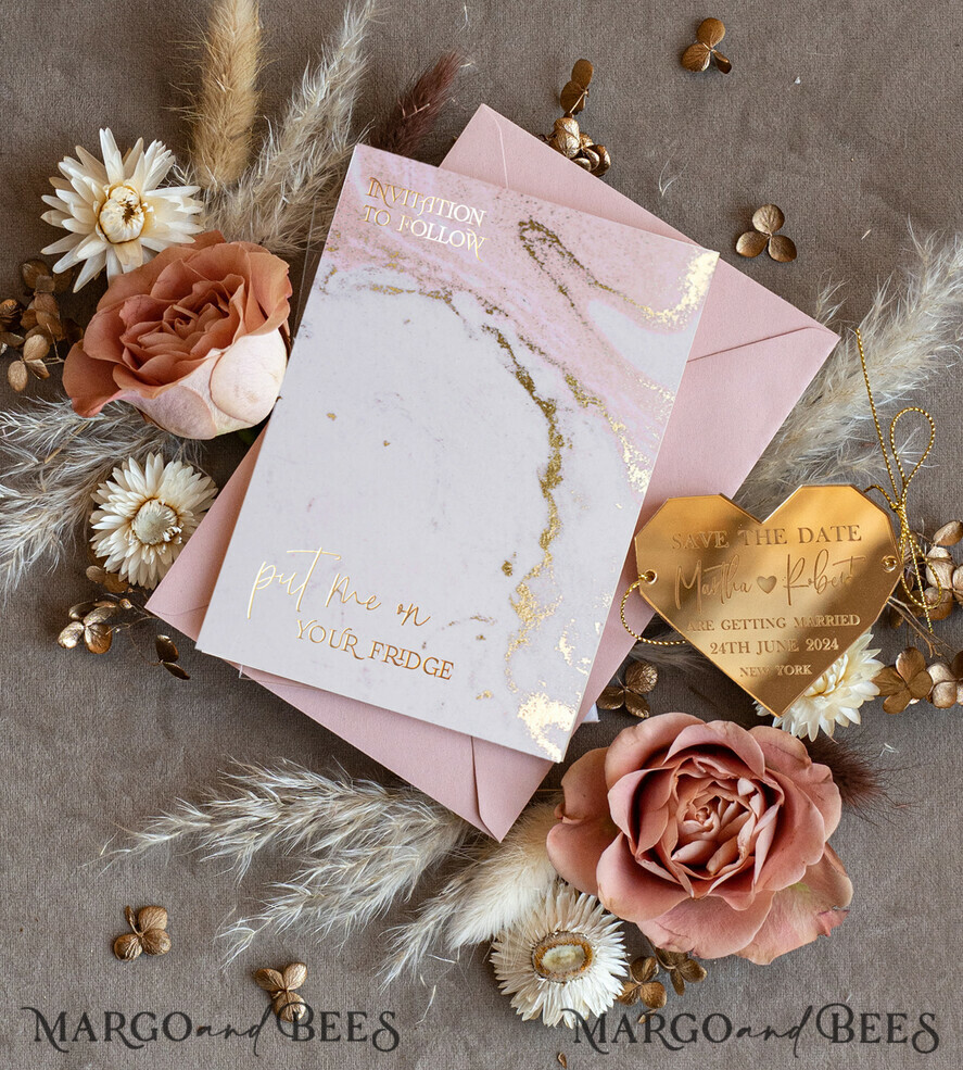 DATEN MERKEN Acrylgoldmagnete Personalisierte Blush Pink Save the Date Acryl Geometrisches Herz Magnet und Karte, Gold Blush Pink Herz Hochzeit Save The Dates Acrylmagnete, Save The Date Karten mit Herzmagnet.