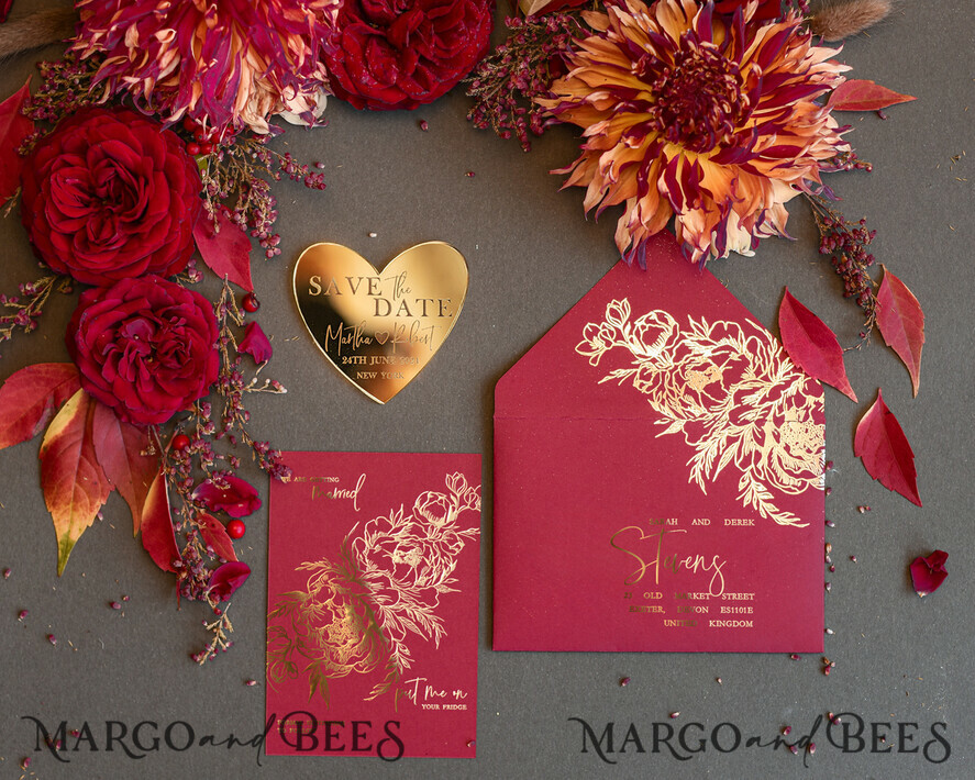 DATEN MERKEN Acrylgoldmagnete Personalisierter Save the Date Herzmagnet und Karte, Burgunder Elegante Hochzeit Save The Dates Acryl Gold Herz