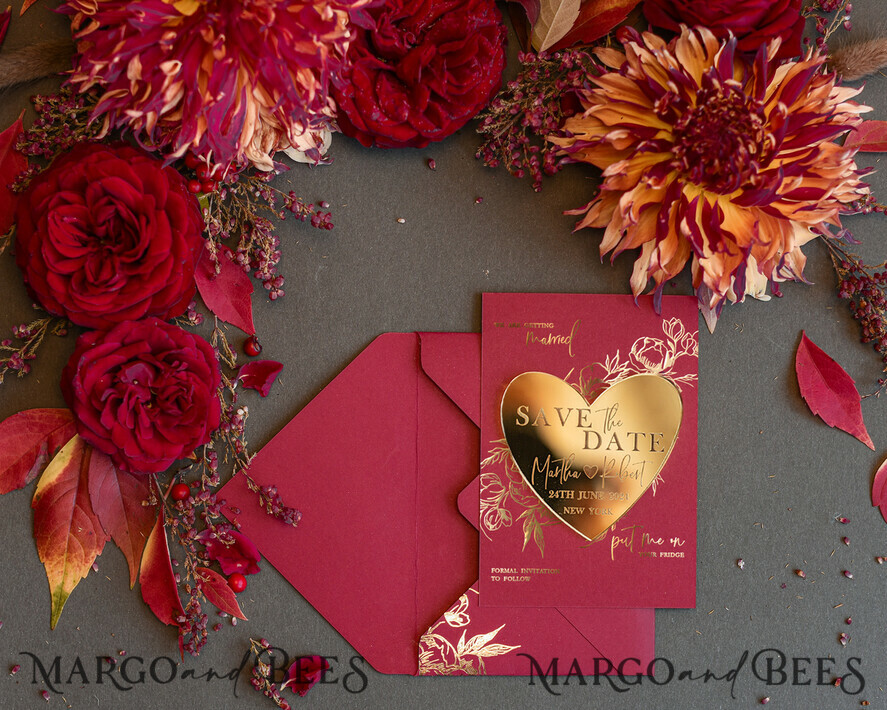 DATEN MERKEN Acrylgoldmagnete Personalisierter Save the Date Herzmagnet und Karte, Burgunder Elegante Hochzeit Save The Dates Acryl Gold Herz
