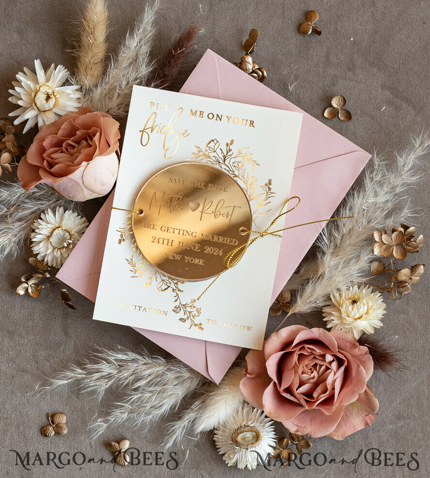 SAVE THE DATES acrylic gold magnets Personalised Gold Acrylic circle Save the Date Magnet and Card, blush Pink Wedding Save The Dates Plexi Magnets, Wedding Boho Save The Date Cards