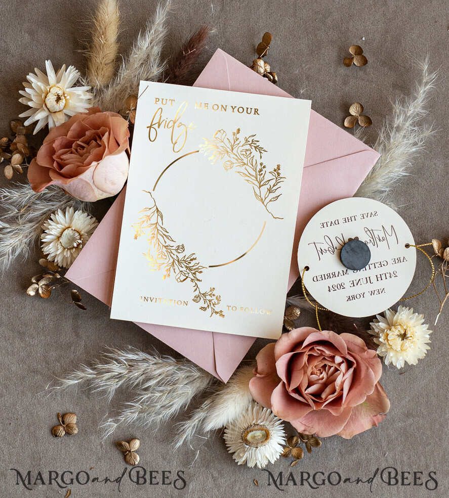 SAVE THE DATES acrylic gold magnets Personalised Gold Acrylic circle Save the Date Magnet and Card, blush Pink Wedding Save The Dates Plexi Magnets, Wedding Boho Save The Date Cards