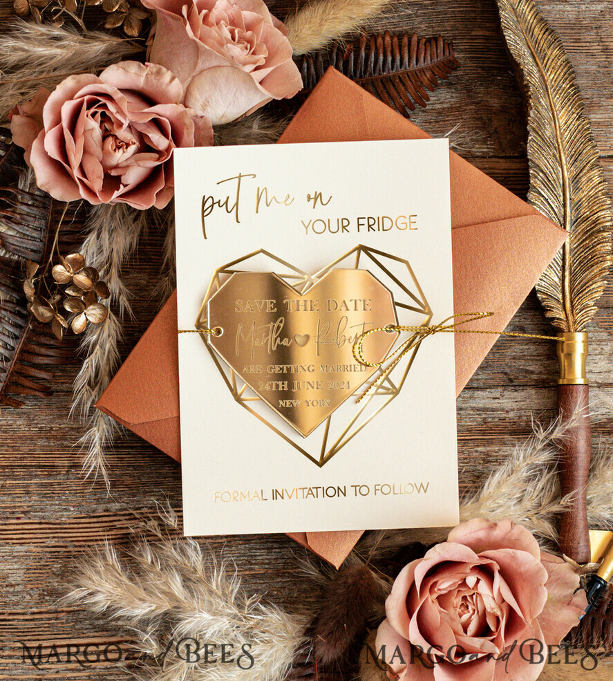 DATEN MERKEN Acrylgoldmagnete Personalisierter Save the Date Herz-Acrylmagnet und Karte, Gold Terrakotta elegante Hochzeits-Save the Dates Acrylmagnete, Boho Save the Date Karten