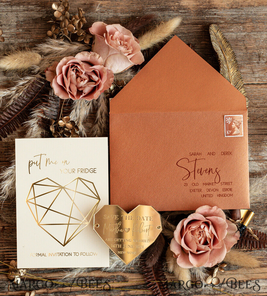 DATEN MERKEN Acrylgoldmagnete Personalisierter Save the Date Herz-Acrylmagnet und Karte, Gold Terrakotta elegante Hochzeits-Save the Dates Acrylmagnete, Boho Save the Date Karten