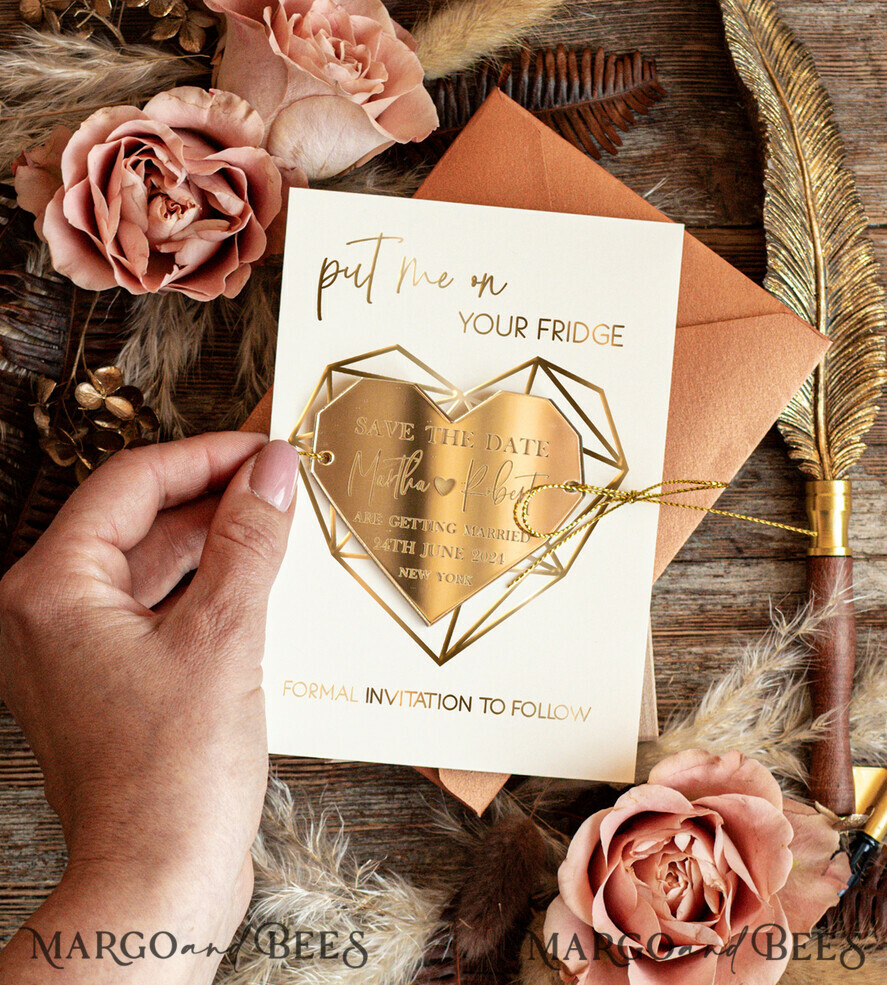 DATEN MERKEN Acrylgoldmagnete Personalisierter Save the Date Herz-Acrylmagnet und Karte, Gold Terrakotta elegante Hochzeits-Save the Dates Acrylmagnete, Boho Save the Date Karten